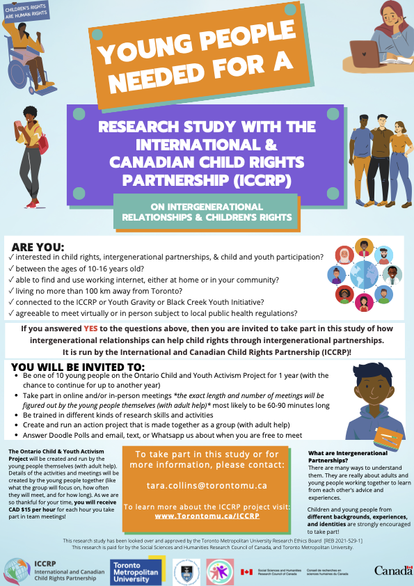 The International and Canadian Child Rights Partnership, Youth Gravity, and Black Creek Youth Initiative are LOOKING FOR YOUNG PEOPLE to be involved in their RESEARCH!
